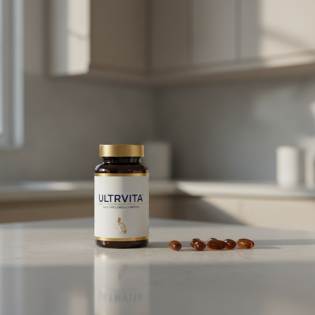 A minimalist kitchen counter scene featuring a single, premium multivitamin bottle designed for the Philippine market, standing centered on a polished, light-gray quartz countertop. The bottle has a matte white label with crisp, navy and gold typography and a small, tasteful icon of the Philippine islands near the base. Next to it lies a short row of glossy, uniformly shaped capsules, their deep amber color contrasting with the pale surface. Natural morning sunlight filters through an unseen window, creating a soft gradient of light across the background cabinets and a faint reflection under the bottle. Shot at eye level with a shallow depth of field, the background fades into a soft bokeh of neutral kitchen tones. The mood is aspirational and trustworthy, rendered in photographic realism with a clean, modern aesthetic.