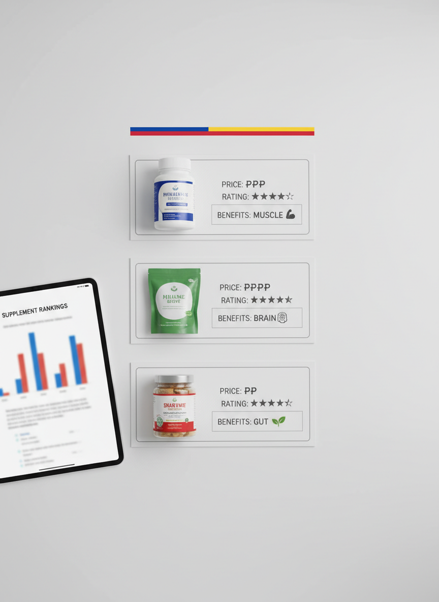 A close-up, top-down view of a comparison layout featuring three different Philippine supplement products arranged neatly on a matte white surface. Each product sits on its own labeled card showing simple icons for price, rating stars, and benefits like muscle, brain, and gut health. A subtle Philippine flag-inspired color strip runs along the top edge of the frame without overpowering the scene. Diffused studio lighting evenly illuminates the packaging, eliminating harsh shadows and emphasizing clean typography and design details. A slim, silver digital tablet lies off to one side displaying a blurred supplement ranking chart. The mood is analytical and organized, with photographic realism, sharp focus throughout, and a minimalist, professional composition that suggests objective, data-driven comparison.