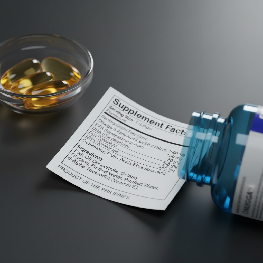 A focused close-up of an open supplement facts label on a Philippine-made omega-3 bottle, the bottle positioned at a slight diagonal on a matte charcoal surface. The crisp black text of the nutrition panel is sharply legible, highlighting serving size, EPA and DHA content, and clear ingredient listing. Beside the bottle, a small, transparent dish holds several smooth, golden softgel capsules that catch the light. Cool, controlled studio lighting comes from the top right, creating gentle highlights on the capsules and subtle shadows that enhance depth without distraction. The background is softly blurred to pure dark gray. The composition is tight and analytical, using photographic realism to communicate precision, transparency, and a professional, science-based approach to supplement review.