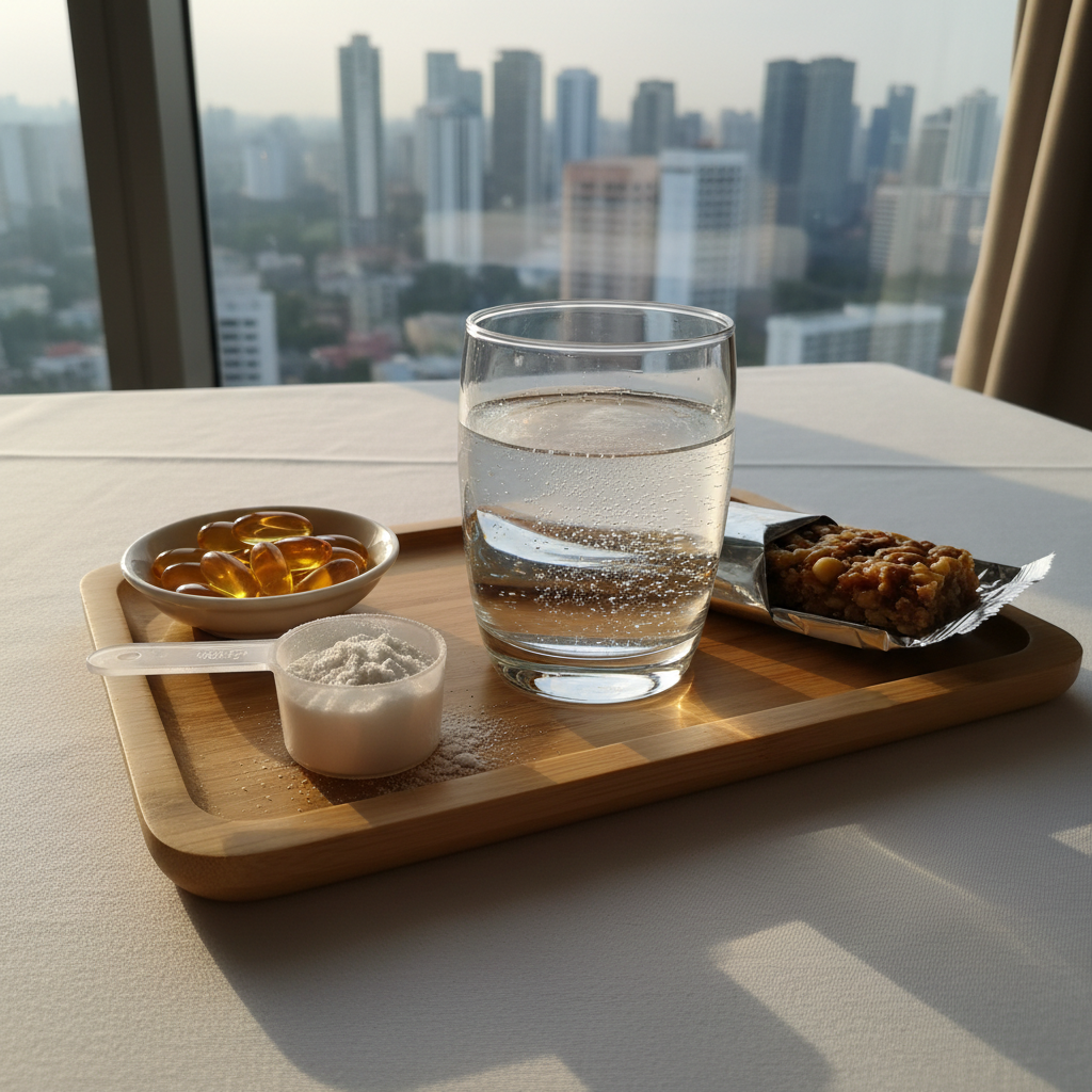 A detailed arrangement of different supplement forms commonly reviewed in the Philippines—powder in a small, transparent scoop, effervescent tablets beside a clear, bubbling glass, gel capsules in a shallow porcelain dish, and a protein bar still partially wrapped. All items rest on a smooth, pale bamboo tray placed on a crisp white tablecloth. The background reveals a subtly blurred urban Manila skyline through a large window, hinting at a high-rise condo setting. Late afternoon natural light washes in, creating long, soft-edged shadows and glints on the glass and foil wrapper. Captured from a slightly angled overhead perspective, the composition balances each form in separate sections of the frame. The atmosphere feels educational and practical, with photographic realism emphasizing textures and clarity for an informed consumer audience.