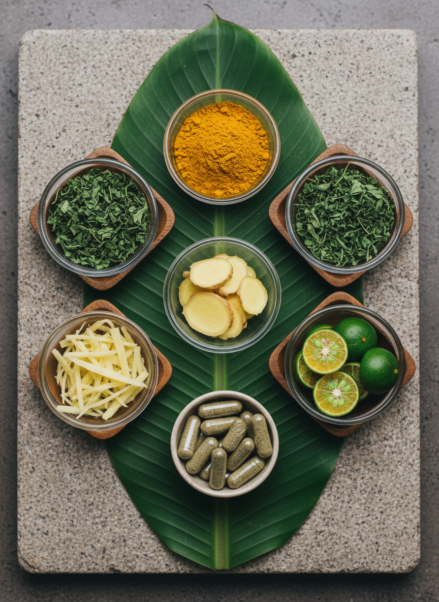 An organized flat lay of natural supplement ingredients popular in the Philippines, arranged on a large, smooth banana leaf placed over a neutral stone surface. Small glass bowls and wooden dishes hold powdered turmeric, dried malunggay leaves, ginger slices, calamansi halves, and tiny capsules filled with herbal blends. Each ingredient’s texture is clearly visible, from the fine grains of powder to the fibrous roots. Soft overcast natural light from above creates an even, gentle illumination, enhancing colors without glare. The composition follows the rule of thirds, with bowls radiating from the center, and a faintly blurred background edge for depth. The mood is clean, scientific yet rooted in nature, rendered in photographic realism with a modern, wellness-focused aesthetic.
