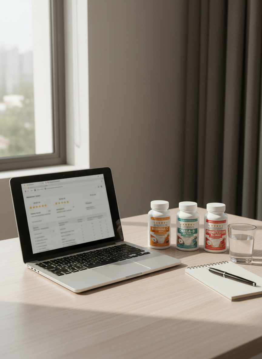 A sleek, modern home office desk setup focused on supplement research, featuring a thin, silver laptop screen displaying a blurred supplement review page with rating stars and comparison tables. Next to the laptop, three neatly aligned supplement bottles with Philippine labeling sit on a textured light wood desk, accompanied by a clear glass of water and a small notepad with a pen resting diagonally. Soft daylight from a side window creates gentle highlights on the laptop bezel and bottle caps, while casting subtle shadows that lead the eye across the scene. The camera is positioned at a slightly elevated angle, capturing the entire workspace in sharp focus. The atmosphere is professional, calm, and studious, using photographic realism and a clean, clutter-free composition that communicates careful, informed decision-making about wellness products.
