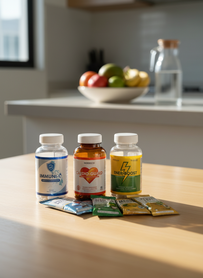 A neat arrangement of assorted supplement bottles and sachets specifically labeled with Philippine brands, displayed on a smooth light wood tabletop. Clear and amber plastic bottles with minimal, professional labels show icons for immunity, energy, and heart health. A subtle outline of the Philippine archipelago on one label reinforces the local focus. Behind them, a softly blurred background shows a bright, modern kitchen with hints of fresh fruit and a water carafe. Soft morning daylight enters from the left, creating gentle reflections on the plastic surfaces and mild shadows on the table. Shot at eye level with a shallow depth of field, the composition feels clean, trustworthy, and informative, in a photographic realism style suitable for a professional review platform.